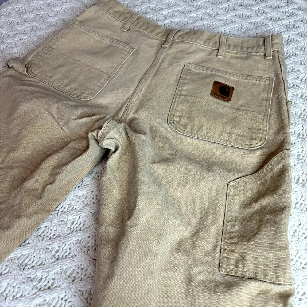 VTG Made In USA Carhartt‎ Canvas Work Pants Men's 34x28 Grunge Distres Tan MINT